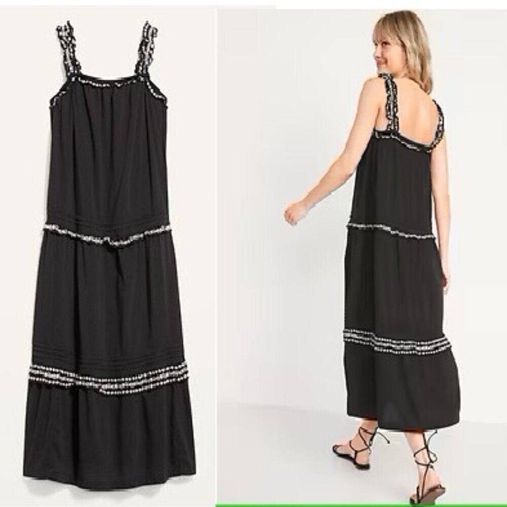 Old Navy Sleeveless Ruffle-Neck Tiered Midi Swing‎ Dress Black/White Size L